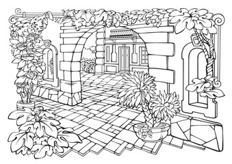 Romantic Cozy Town. Coloring Page with house and flowers. Vector.