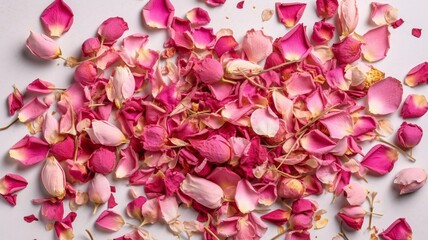 group of small pink dried  dry rose buds and petals Generative AI