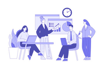 Office Staff with Man and Woman Discuss Chart and Graph with Company Statistics Working Together Vector Illustration