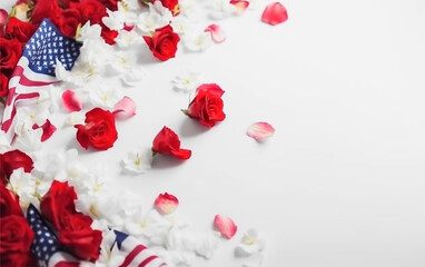 Floral background with American flags and copy space on right