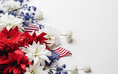 Fototapeta na wymiar Red, white, and blue flowers with small American flags, text space, copy space, text area banner