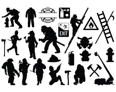 Set of Firefighters Silhouette, Fireman, Extinguisher, Safety, Dangerous