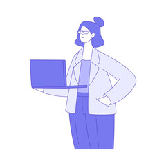 Business Woman Character in Glasses Standing with Laptop Vector Illustration