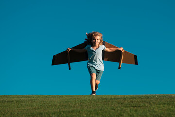 Kid playing with toy plane wings in summer park. Kid dreams of future. Kid pilot dreaming. Childhood dream concept. Blonde cute daydreamer child dream on fly. Creative kid. © Volodymyr