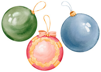 Set of creative christmas balls hand made insolated watercolor illustration. winter season. decorative background for pine tree, greeting card, bauble decorations, books. New Year holiday circle toy