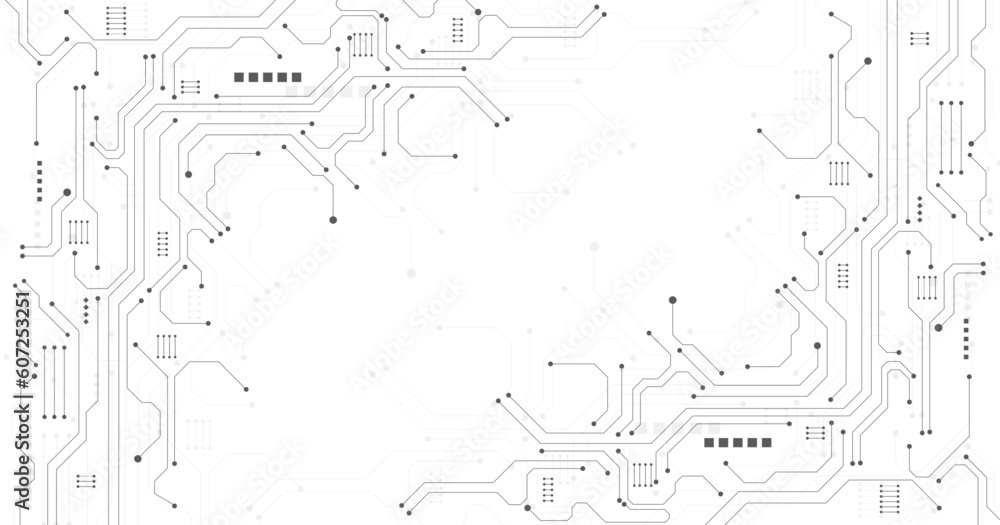 Poster Technology black circuit diagram concept. High-tech circuit board connection system.Vector abstract technology on white background.	