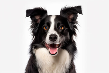Captivating Canine Charm Head Shot of a Black and White Border Collie, Engagingly Panting and Locking Eyes with the Camera on a White Background. created with Generative AI