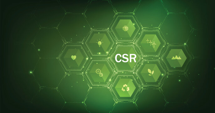 CSR concept design.Corporate social responsibility and giving back to the community on a green background. Modern business concept.	