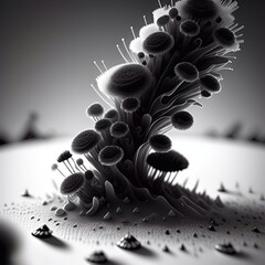 Bacteria under a microscope. A colony of microbes under a stereo microscope. Close-up of black and white bacteria cells in a scientific laboratory.
