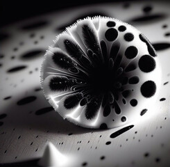 Bacteria under a microscope. A colony of microbes under a stereo microscope. Close-up of black and white bacteria cells in a scientific laboratory.
