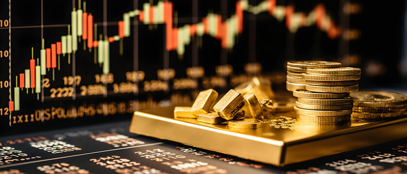 Gold bar resting on a stocks and shares graph representing investment, AI generated