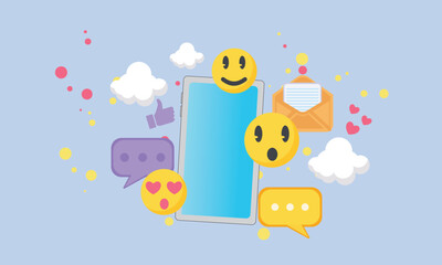 Social media platform. Online social communication concept, smartphone, emoji, hearts, chat. Mobile Template Social network. smile icon.