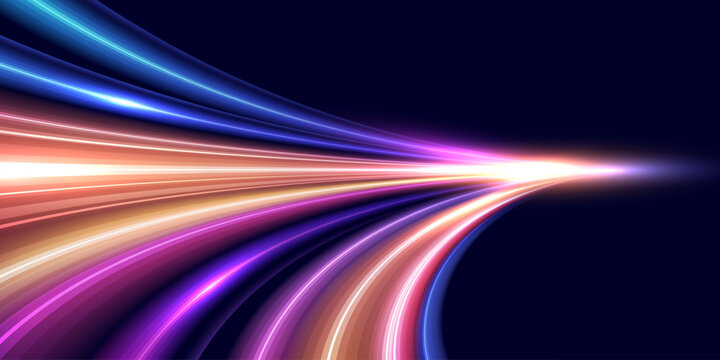 Modern abstract high-speed movement effect on dark blue background. Dynamic curve light trails. Velocity pattern for banner design. Vector eps10.