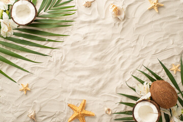 Fototapeta na wymiar Dive into the summer season! Top view of seashells, starfish, palm leaves, alstroemeria flowers and a fresh coconut on a sandy background. Empty space for text or promotional content