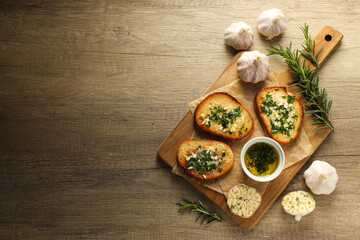 Tasty toasts with garlic, homemade products appetizer