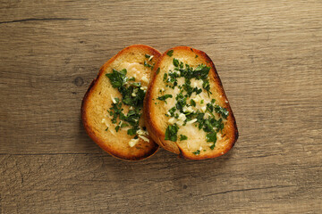 Tasty toasts with garlic, homemade products appetizer