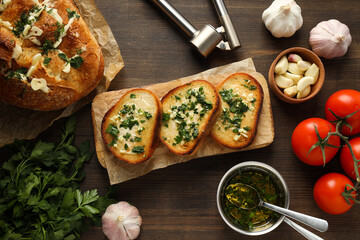 Tasty toasts with garlic, homemade products appetizer