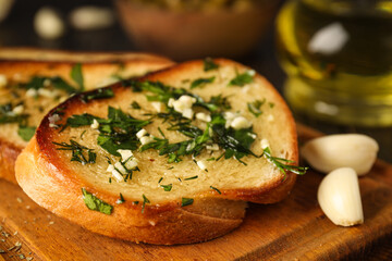 Tasty toasts with garlic, homemade products appetizer