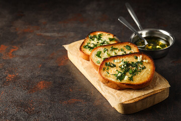 Tasty toasts with garlic, homemade products appetizer