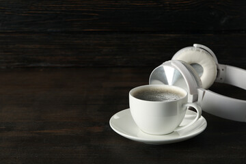 Concept of freelance, composition with hot drink and headphones
