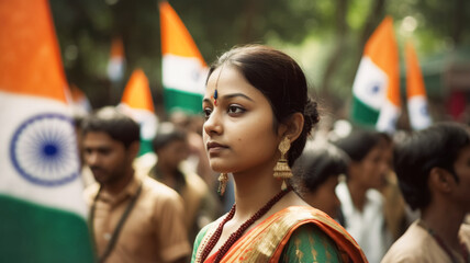 Young Indian woman in national dress against background of flag of India, holiday on street of an Indian city Generative AI
