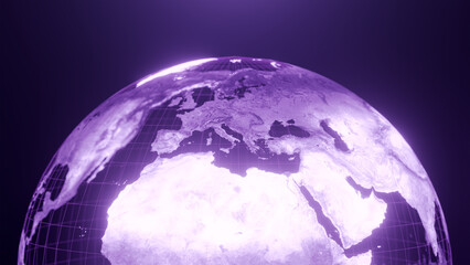 3D render of africa and middle eastern globe map, Technology and Futuristic purple line glowing Earth Background