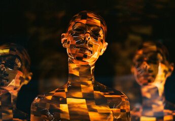 Surreal Digital Art of Three Women. Orange Blocks and Light. Futuristic Surrealism. Generative AI. 
