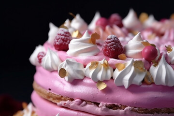 Cake decorated with pink meringues. Cake for a girl Generative AI