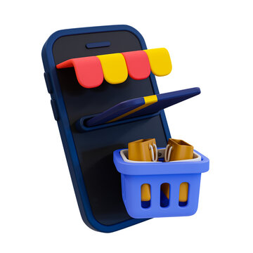 3d minimal online shopping concept. e-commerce store. digital shopping. smartphone with credit card and shopping basket. 3d illustration.