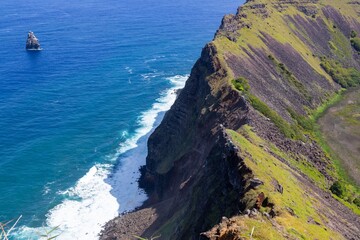Aerial Landscape View from Above of Rano Kau, Extinct Volcano Crater and Pacific Ocean Coastline, Easter Island Rapa Nui, Chile