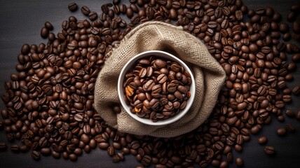 Fototapeta premium Top view of Cup of coffee and coffee beans Generative AI