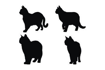 Cats standing and walking in different positions silhouette set vector. Domestic animals like cats or feline silhouette on a white background. Cute furry felines full body silhouette collection.