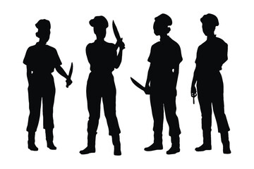 Female butcher wearing uniforms silhouette set vector. Modern female butchers with anonymous faces on a white background. Girl pirates standing in different positions with knives silhouette collection