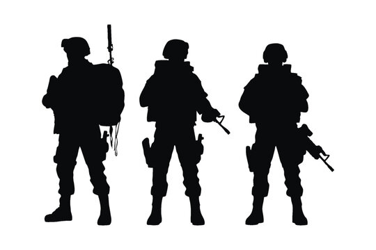Military special forces with tactical gear and weapon silhouette set vector. Modern infantry with assault rifles on a white background. Army soldiers standing in battle formation with anonymous faces.