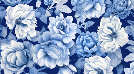 The blue and white floral pattern in a delicate shading style blends with the background painting.