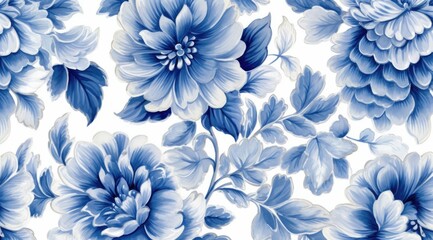 The blue and white floral pattern in a delicate shading style blends with the background painting.