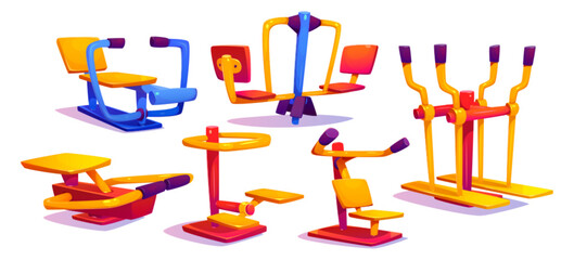 Cartoon set of outdoor gym equipment isolated on white background. Vector illustration of colorful machines for street workout exercising, fitness training in park, public garden, school campus