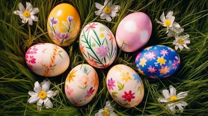 Colorful Easter eggs decorated with flowers Generative AI