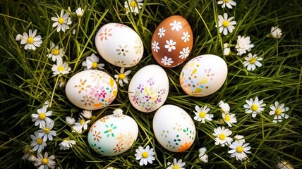 decorated easter eggs in the grass with daisies Generative AI