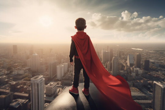 Kid Super Hero Looking over City