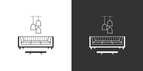 Furniture interior line icon with sofa, coffee table, modern chandelier. Black and white linear vector icon