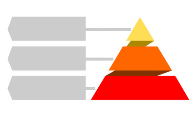 Infographic illustration of yellow and red triangles divided and cut into thirds and space for text, Pyramid shape made of three layers for presenting business ideas or disparity and statistical data
