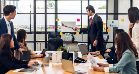 Fototapeta premium Group of asian business meeting and discussing strategy startup project analysis finance process.Success asian business people work plan and brainstorm marketing idea with laptop in office.Teamwork