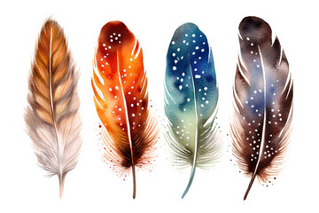Hand-Drawn Watercolor Feather Set Illustration in Boho Style on White. created with Generative AI