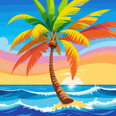 A palm tree on the beach.