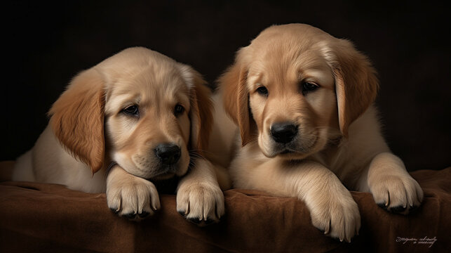 Golden retriever puppies rest on a minimalistic background. Generative AI