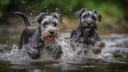 Happy schnauzer puppies splashing in a river. Generative AI