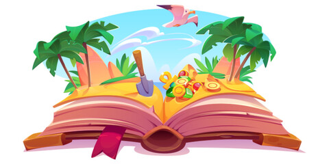 Adventure story kid fairy tale open book with gold treasure to search with shovel fantasy vector illustration. Cartoon fairytale picture about ocean exploration, island and travel legend isolated.