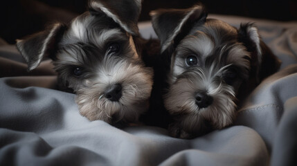 Happy schnauzer puppies cuddled together. Generative AI