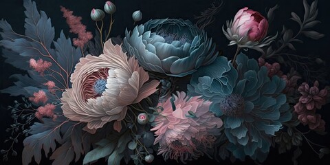 Subtly textured blue and pink pastel painted flowers dark moody background. Generative AI AIG15.